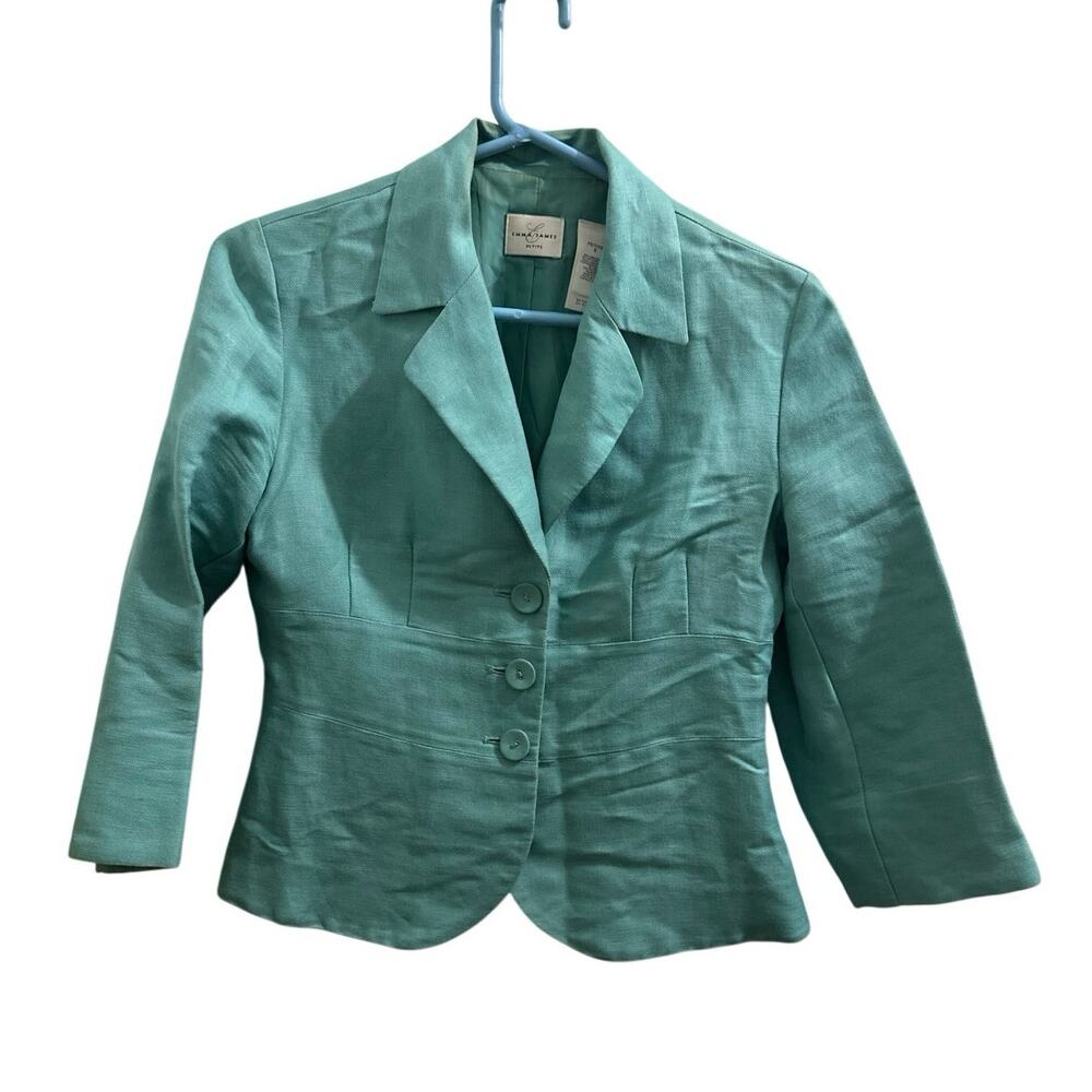 Vintage Emma James Petite Linen Blend Jacket Aqua Blue Fitted Button Blazer 6P